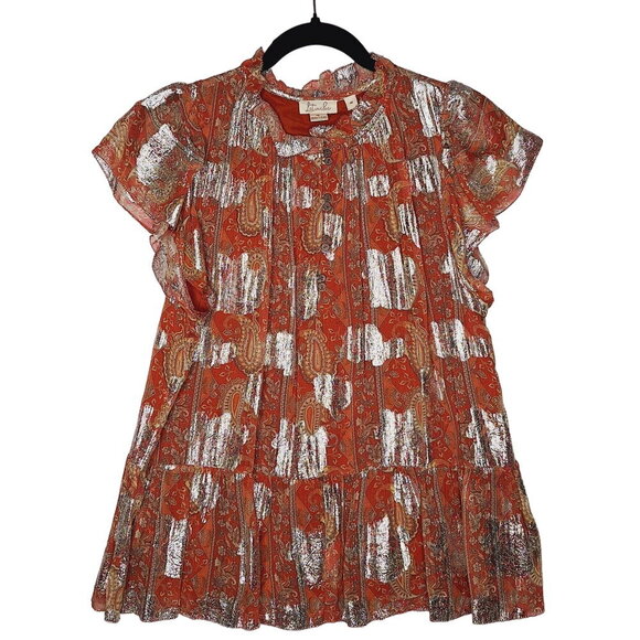 Anthropologie Tops - Anthropologie Let Me Be Vanna Shimmer Paisley Top Flutter Sleeve Pleated Medium